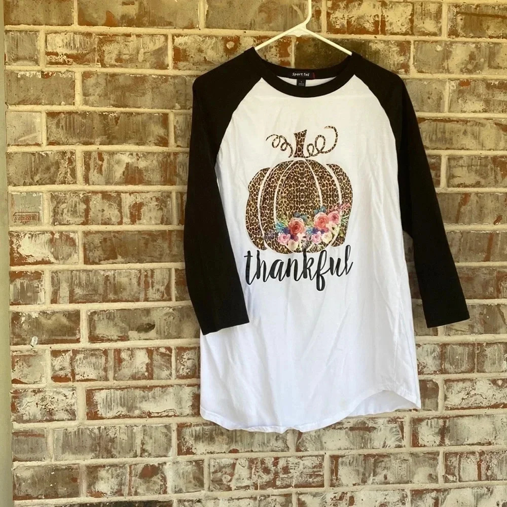 Sport Tek Black and White Raglan Pumpkin Thanksgiving Thankful‎ Shirt